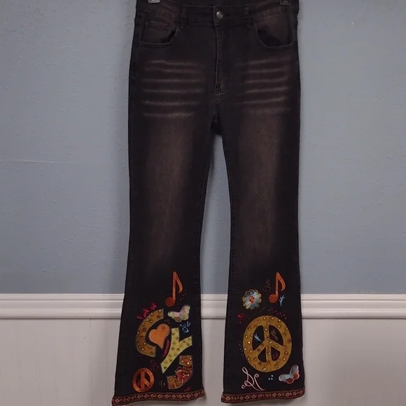 ROMWE Y2K Hippie style,Black Flare Jeans with Embroidery - Picture 1 of 14